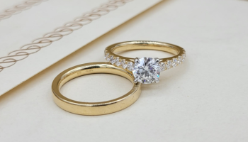 Solitaire Diamond Engagement Ring with Pavé and Plain Gold Wedding Band